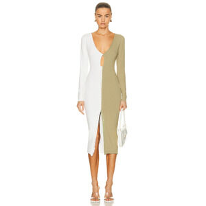 Atoir The Saturn Knit Dress Women 2 Shale Green White Ribbed Two Toned Cutout